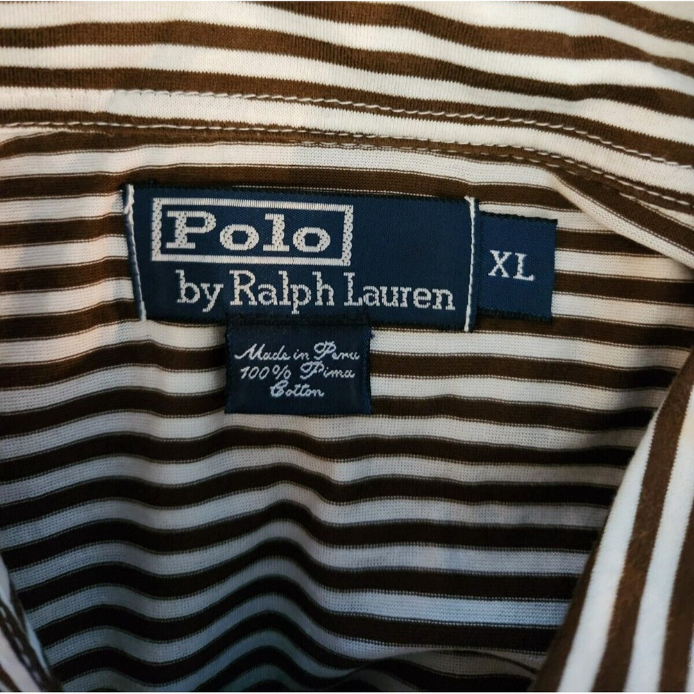 Polo Ralph Lauren Polo Shirt Men's XL Brown White Striped Pima Cotton Pocket - Picture 3 of 6